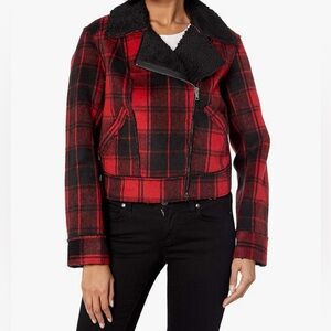 Jessica Simpson Plaid Buffalo Check Jacket Sz 2X Fleetwood Sherpa Moto Red Black